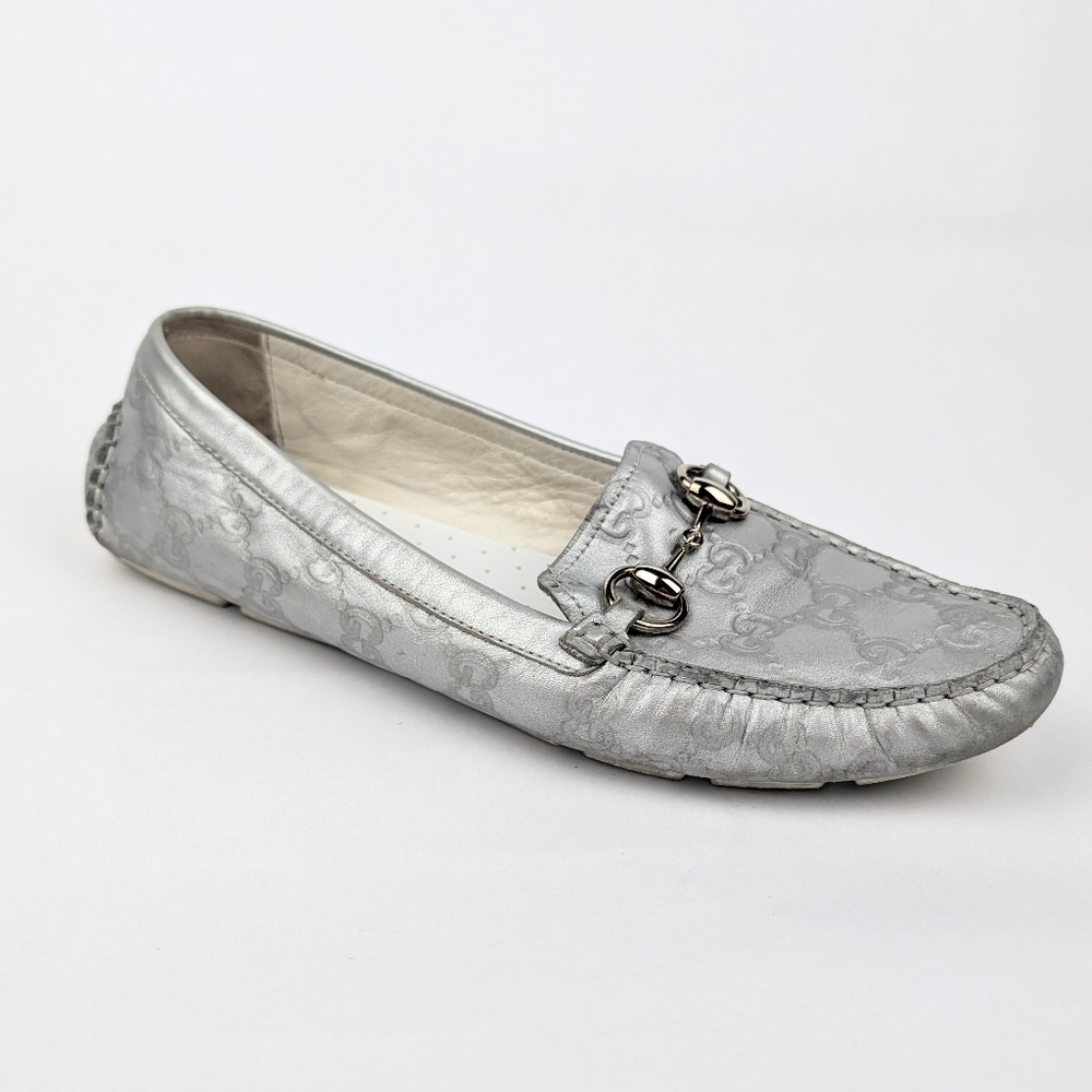 GUCCI - Horsebit Accent Loafters Silver GG Size 40